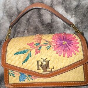 Ralph Lauren Floral Embroidered Tan and Pink Mini Bag
